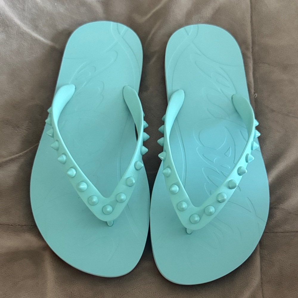 Authentic Christian Louboutin Studded Aqua Flip Flop Sandals - 6